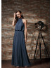 High Neck Pewter Chiffon Keyhole Back Bridesmaid Dress